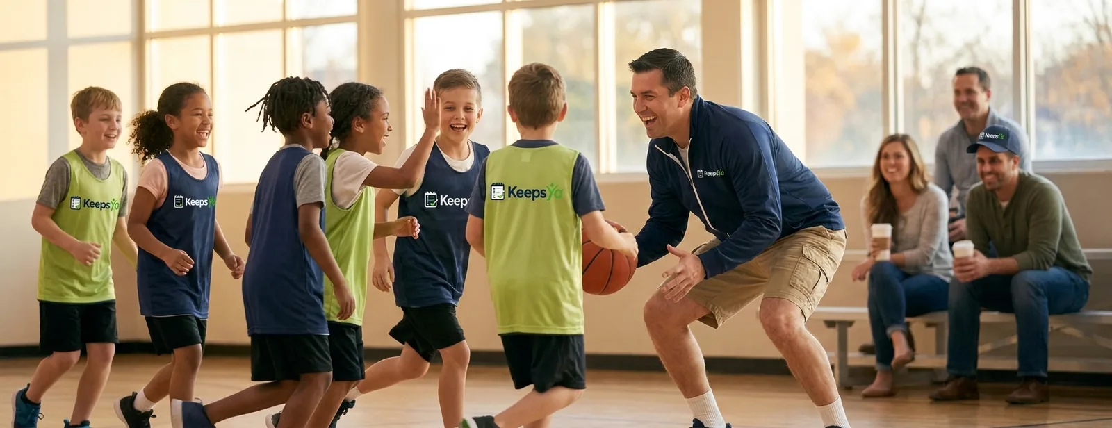 A coach running basketball with their players on KeepsYa