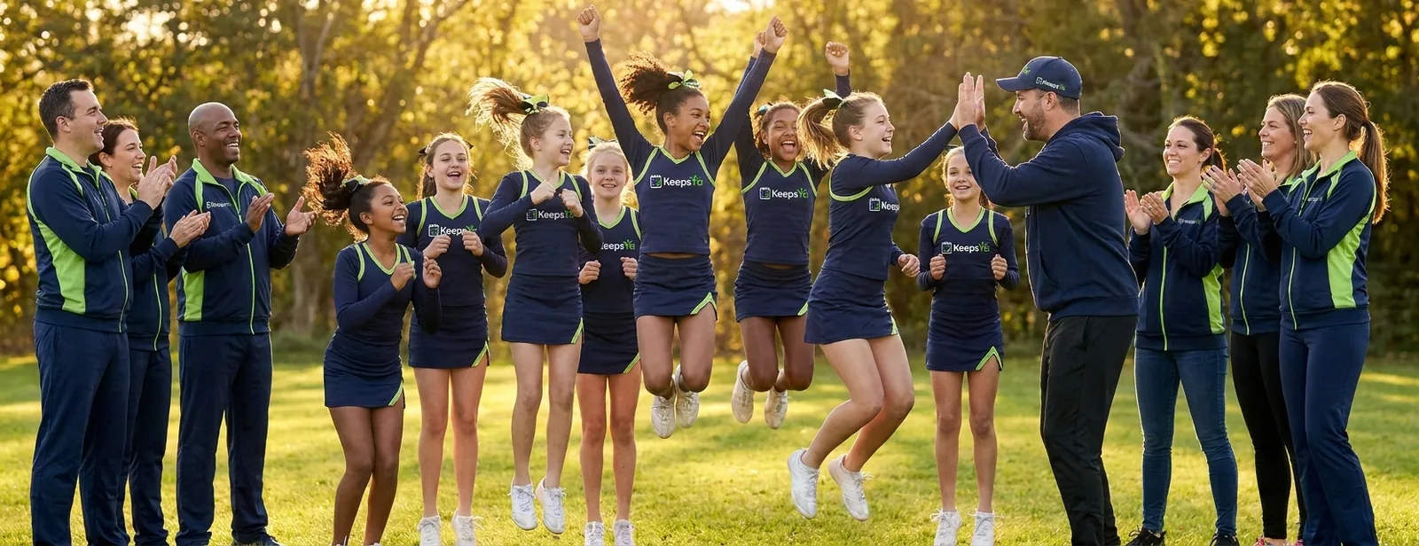 A coach running cheerleading with their athletes on KeepsYa