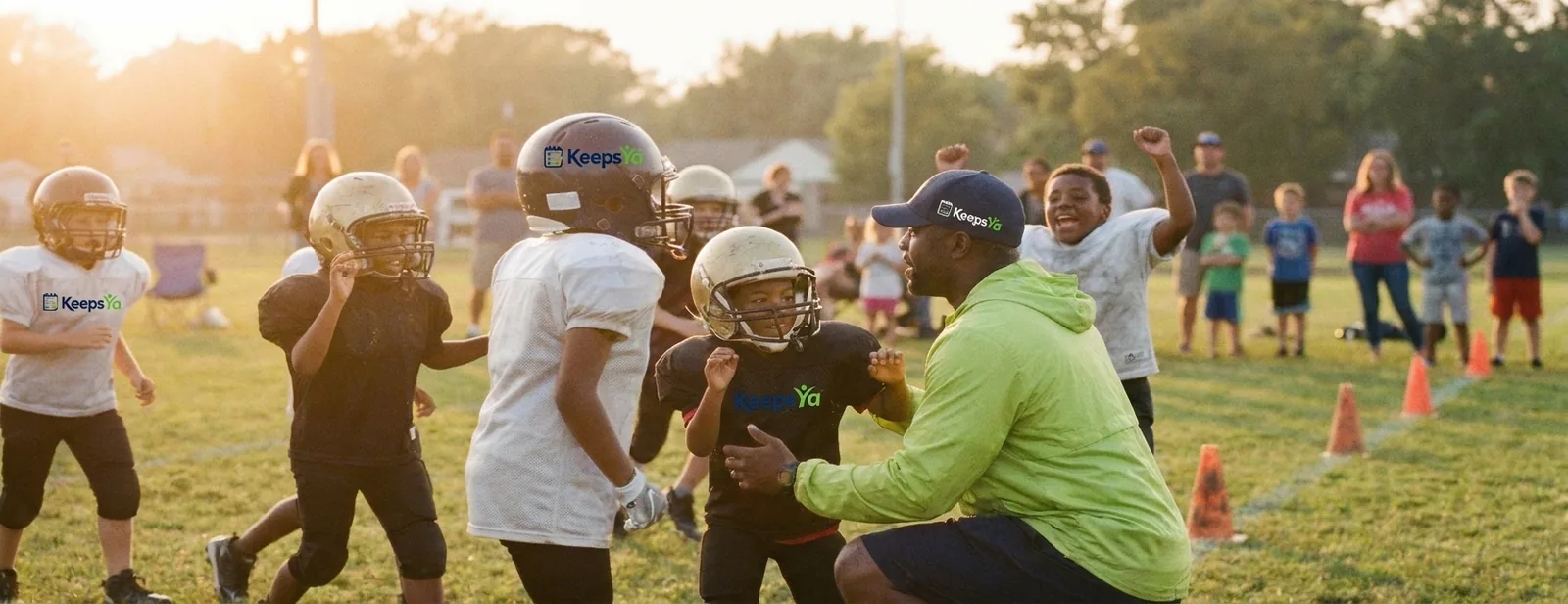 A coach running football with their players on KeepsYa