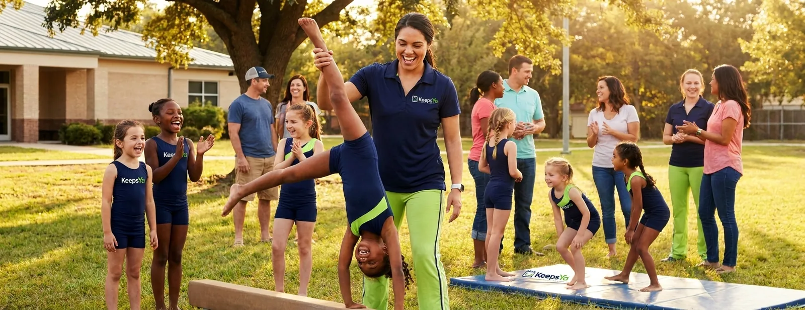 A coach running gymnastics with their gymnasts on KeepsYa
