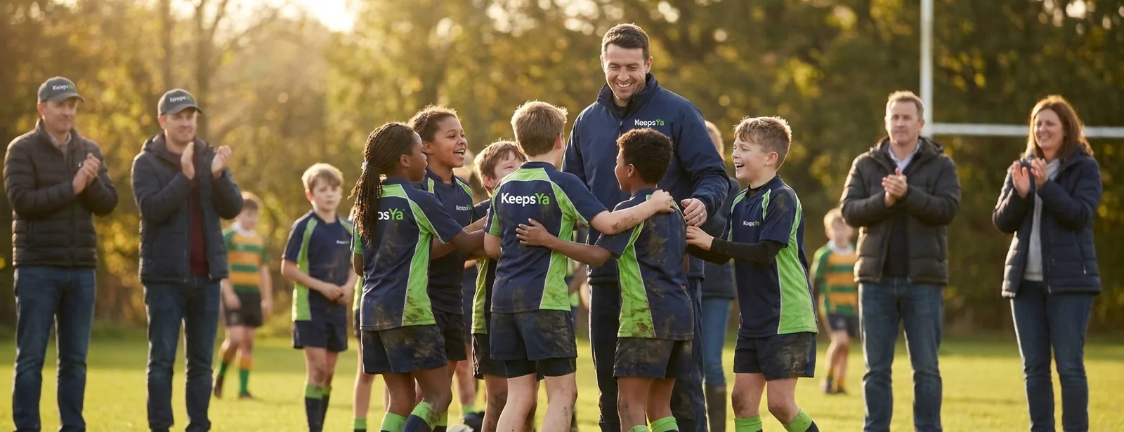 A coach running rugby with their players on KeepsYa