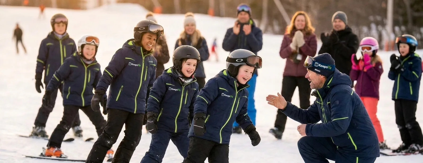 A instructor running skiing with their skiers on KeepsYa