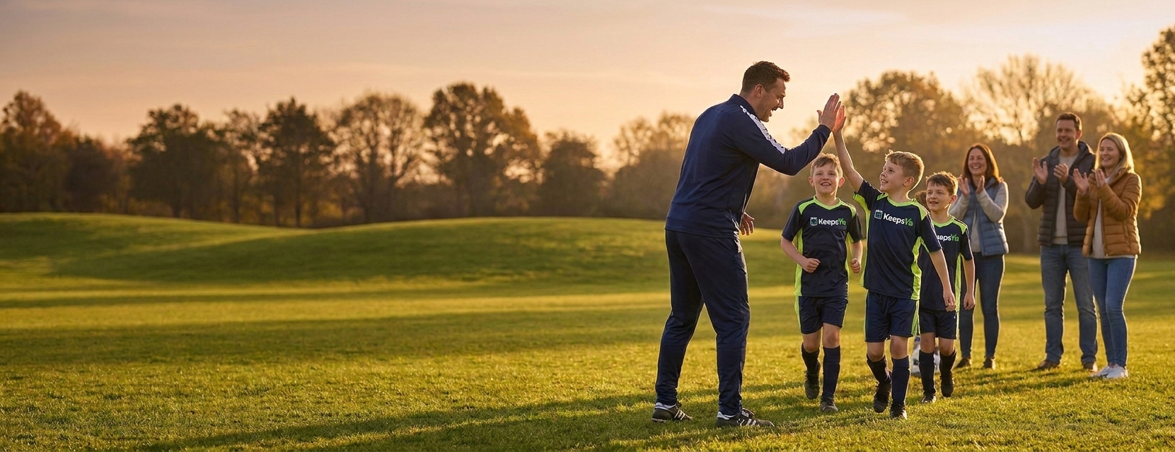 A youth soccer team high-fiving their coach